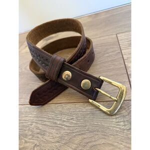 VINTAGE Tooled Leather Brown Solid Brass Belt Western Cowboy Rodeo Country